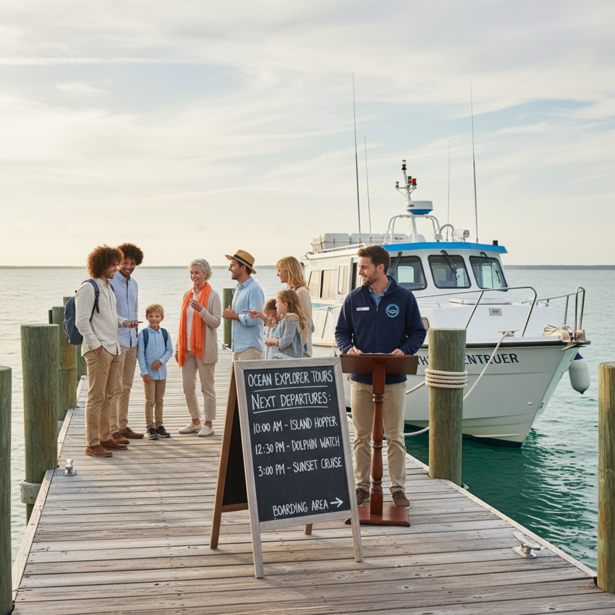 Ein Pier mit klar sichtbarer Abfahrtsanzeige, Gäste sammeln sich in kleinen Gruppen. Eine Crewperson prüft dezent eine Liste, während die Sonne durch leichte Wolken bricht. Ein Ausflugsschiff liegt sauber vertäut. Die Szene wirkt organisiert, ruhig und einladend.