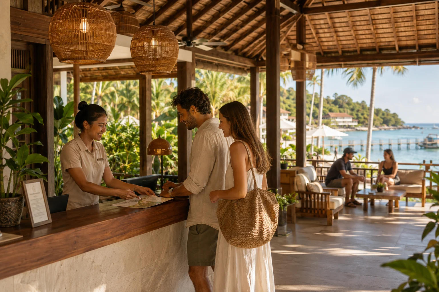 guests checkin at beach resort receptionist