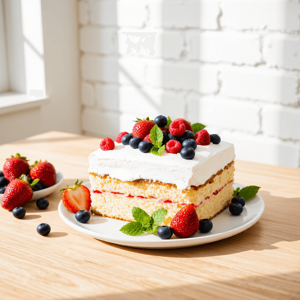 product photography of a dessert dish with whipped cream and fresh fruits