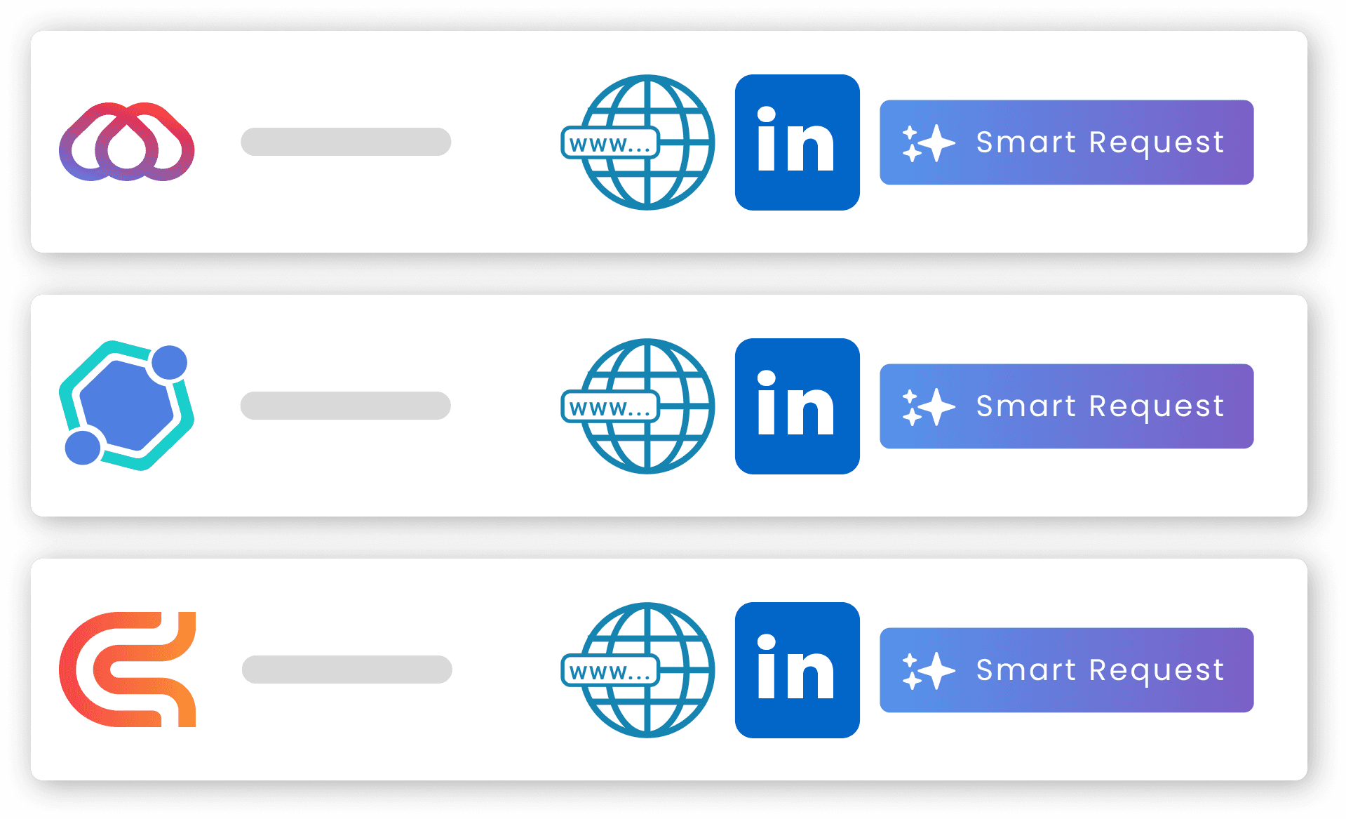 Drei Reihen digitaler Schaltflächen zeigen jeweils ein Symbol, ein Web-Linksymbol, das LinkedIn-Logo und eine violette "Smart Request"-Schaltfläche, die Online-Kommunikationstools und Netzwerken repräsentieren.