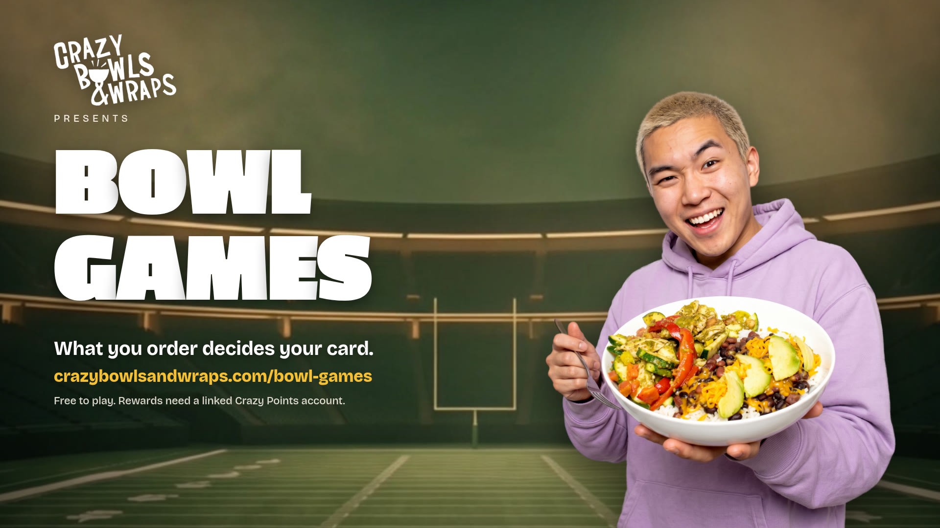 A guest holding a bowl beside the words What you order decides your card, on the Bowl Games stadium background.