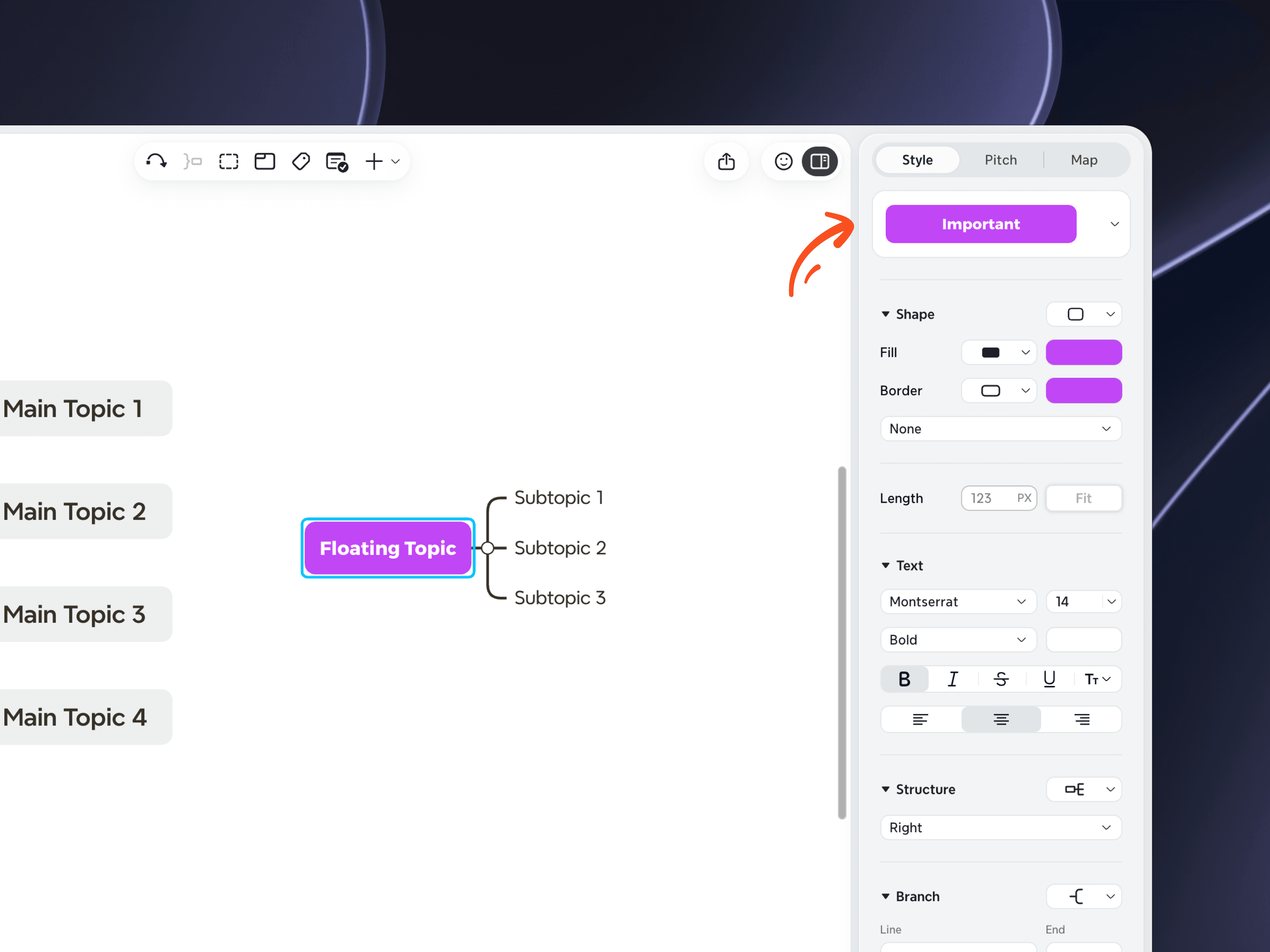 Xmind desktop with a Floating Topic selected. The Format Panel on the right shows topic style options such as Shape, Fill, Border, and Text.