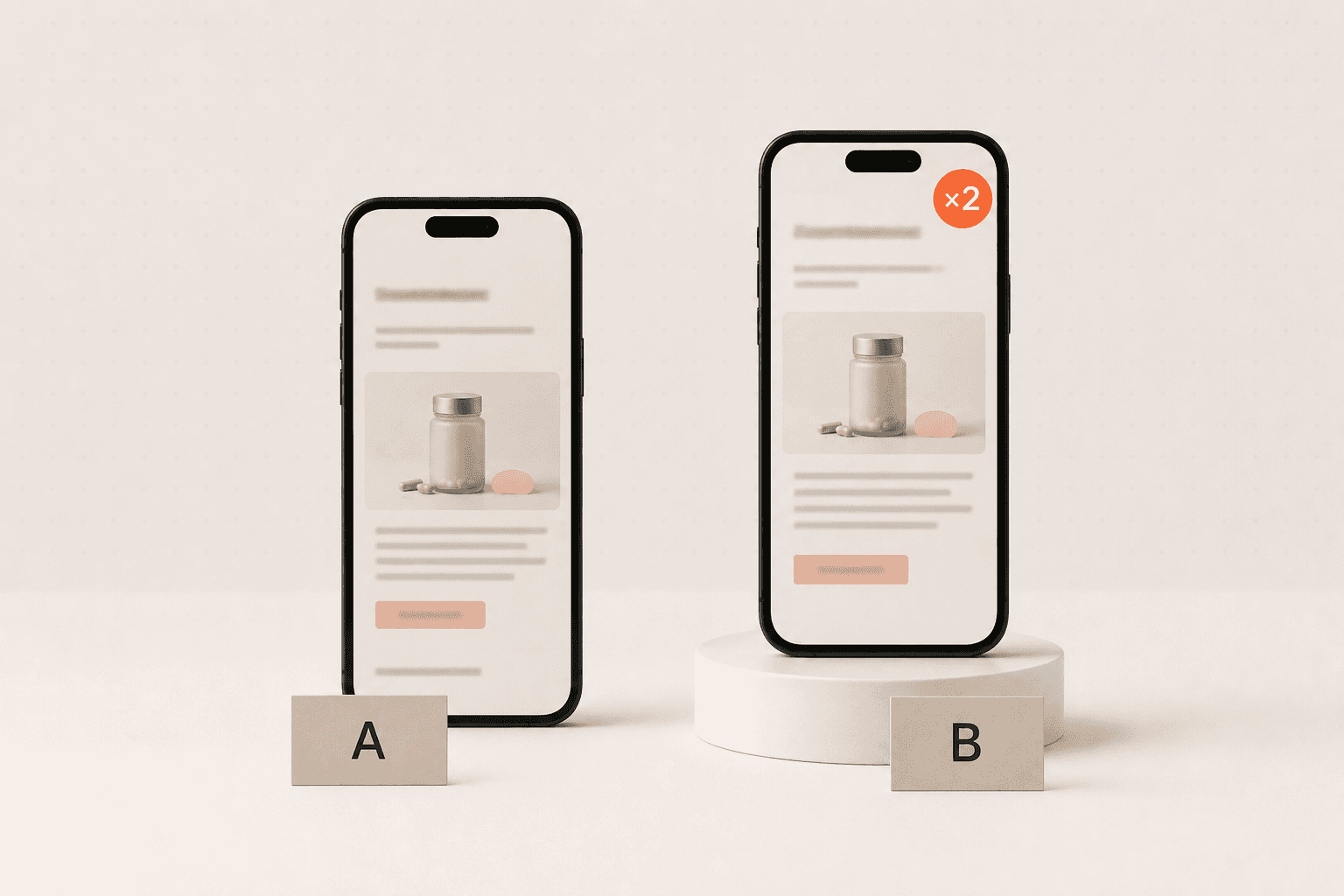 Deux smartphones côte à côte affichant deux variantes d'un même email marketing, étiquetés A et B, la version B surélevée sur un socle avec une pastille corail fois deux