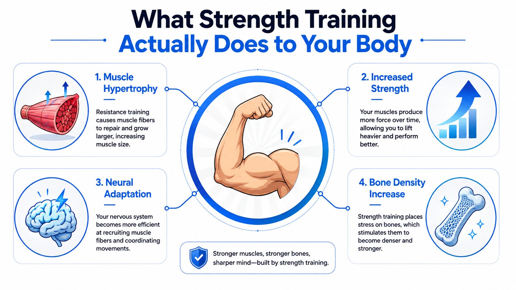 An infographic detailing how strength training leads to muscle hypertrophy, increased strength, neural adaptation, and increased bone density.