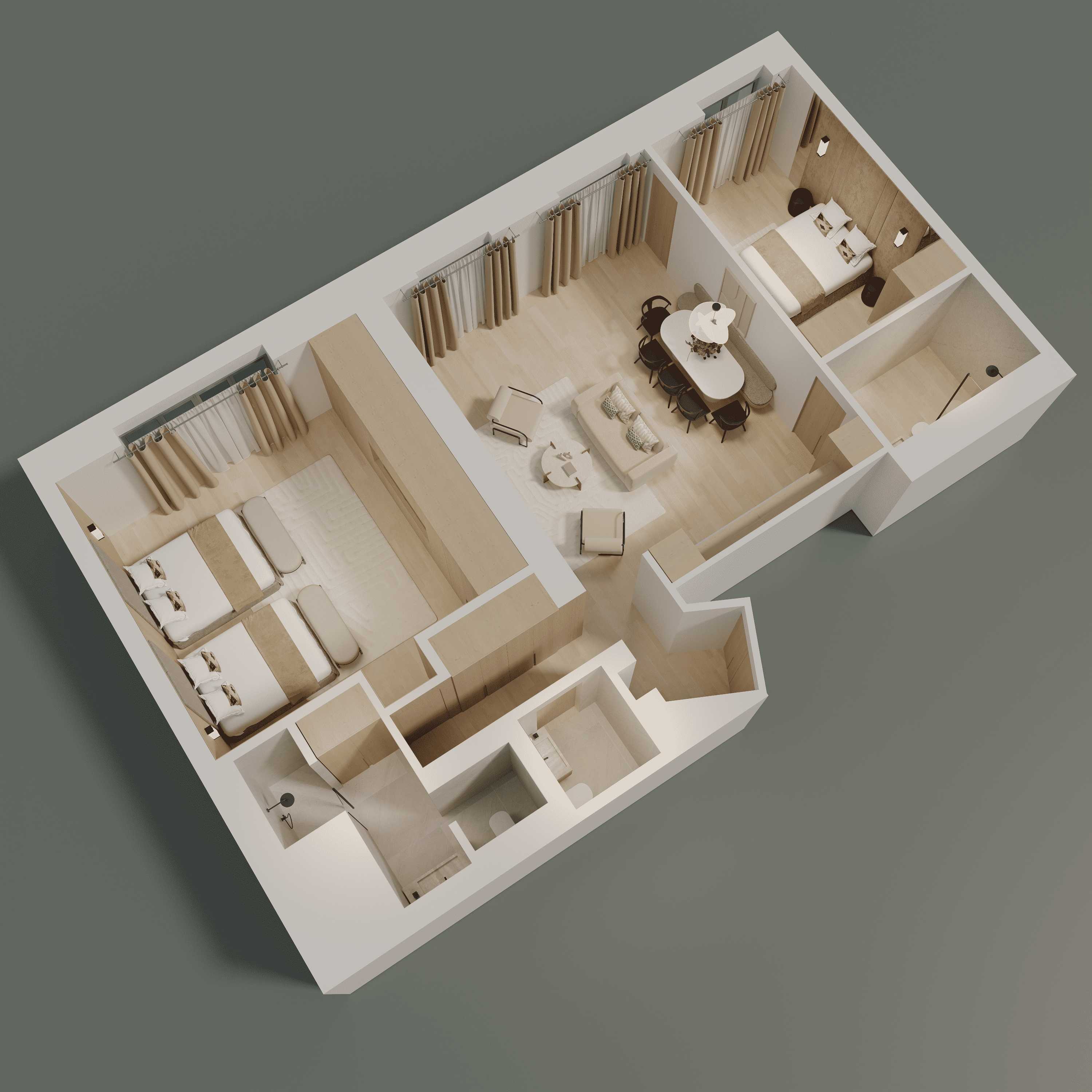 Plan 3D vue de dessus de l'appartement deux chambres avec rideaux visibles