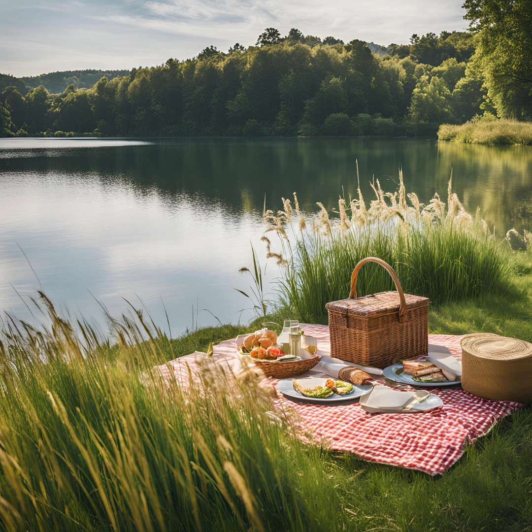 Picnic on the grass next to a lake