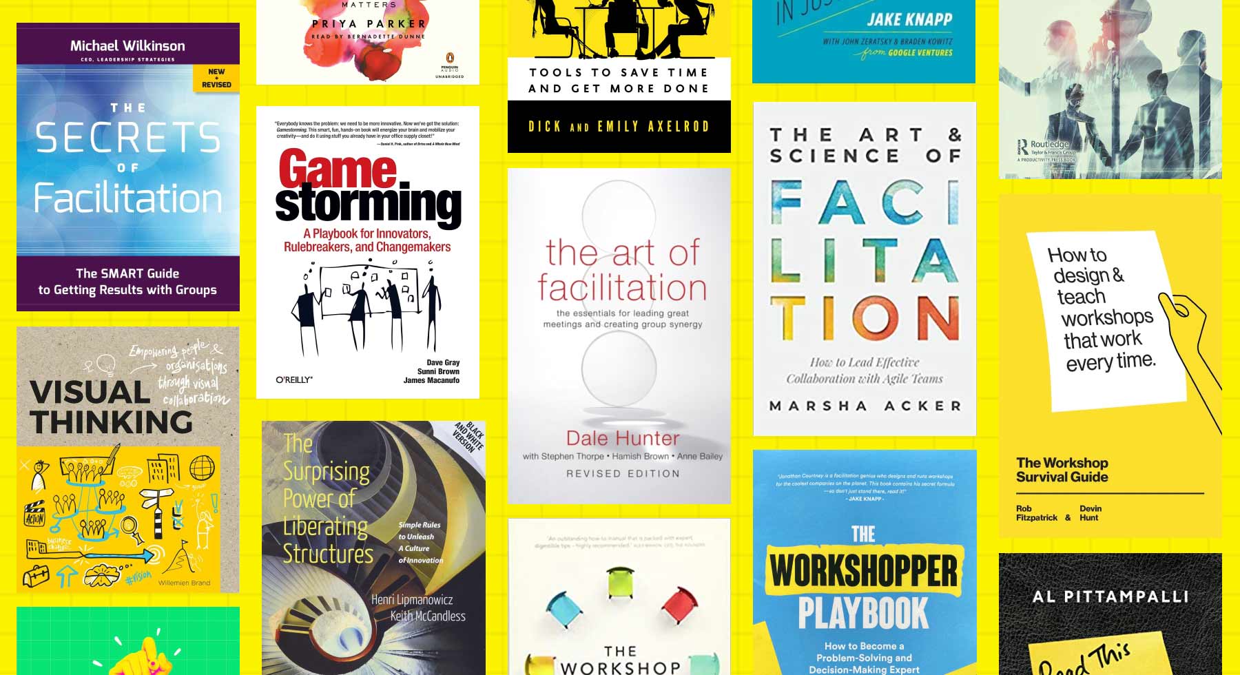 Grid of facilitation book covers including The Secrets of Facilitation, The Art of Facilitation, and Visual Thinking