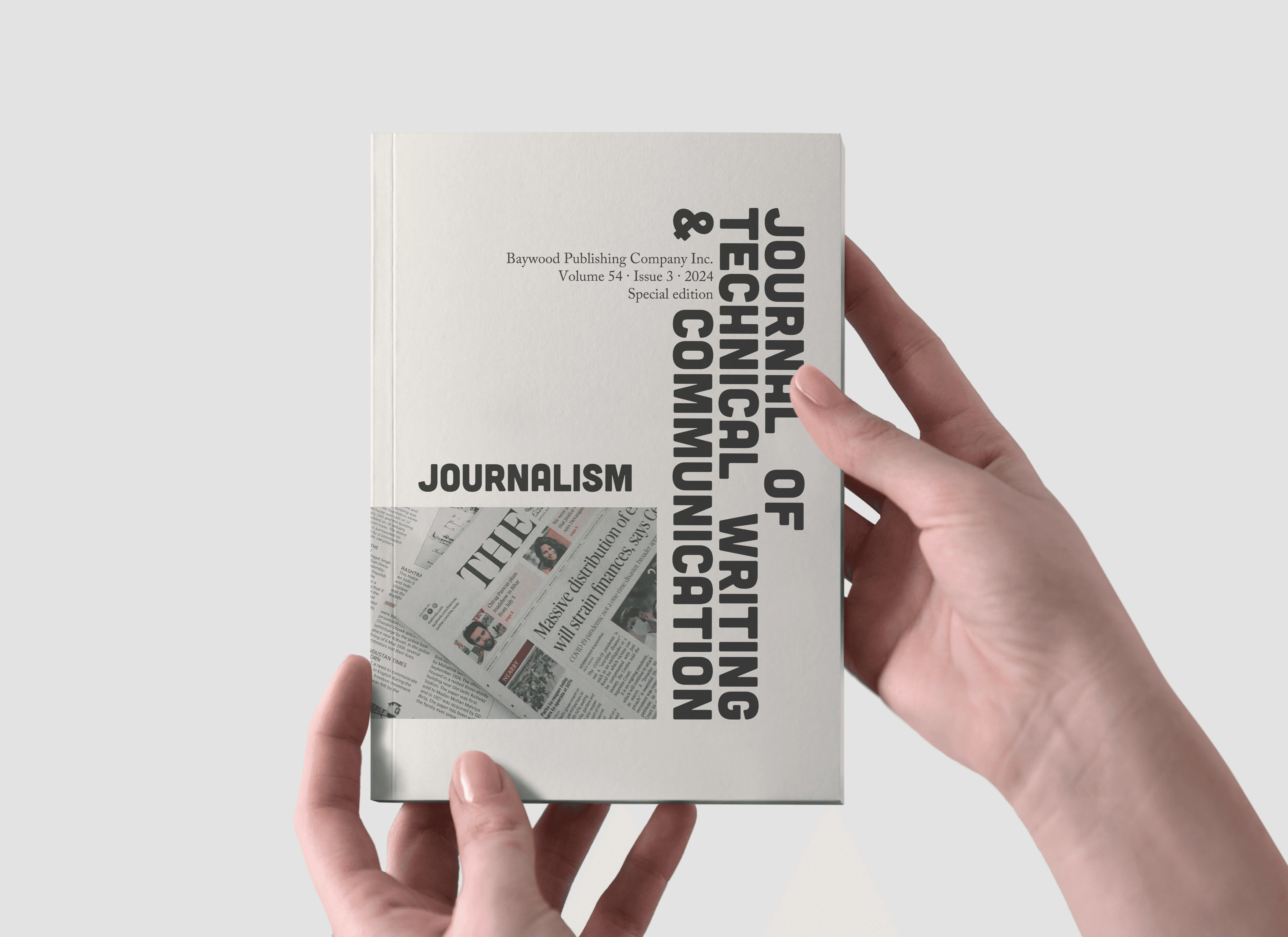 cover for Journal of technical writing and communication, boka er holdt av to hender 