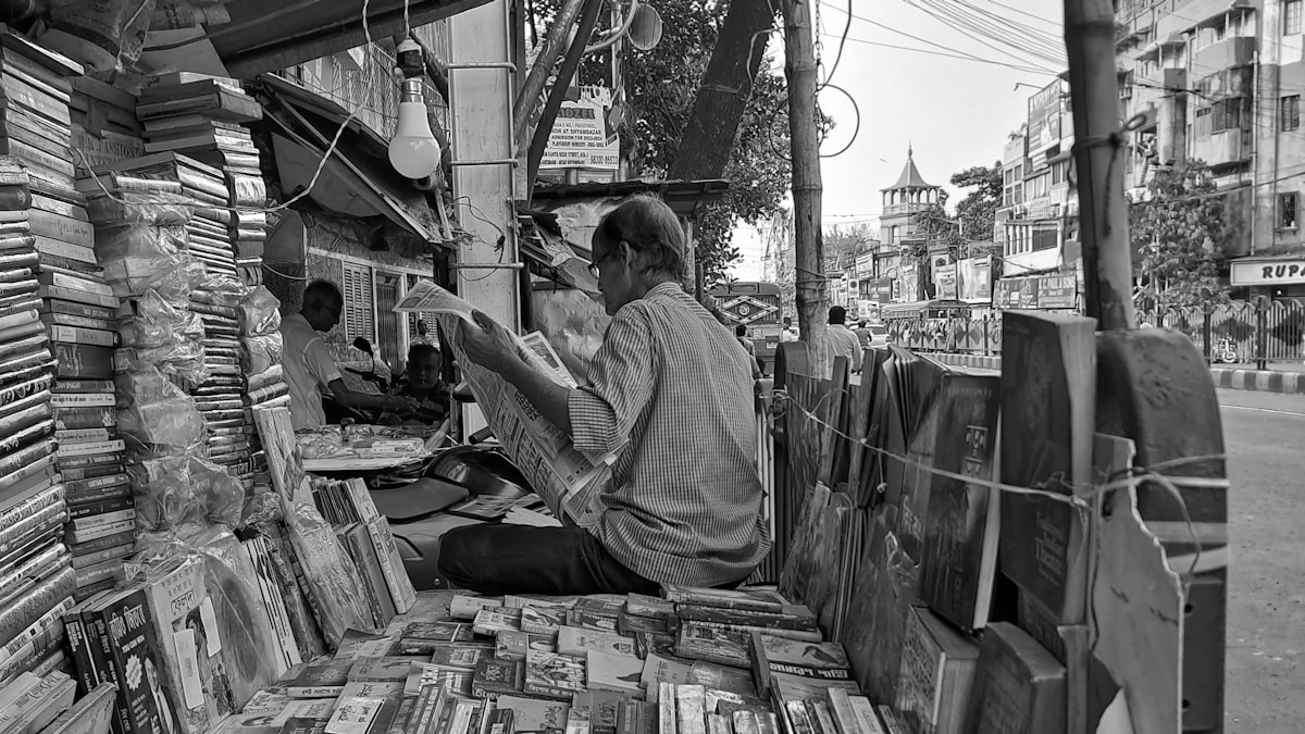 Books arranged at a Kolkata street book stall