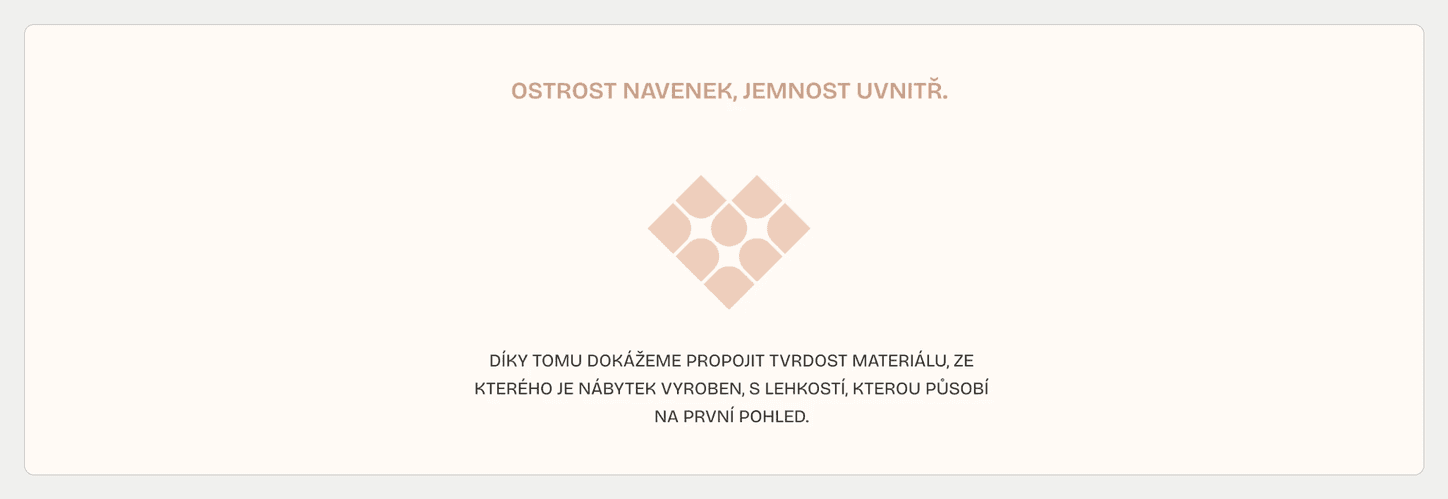 Slide Ostrost navenek, jemnost uvnitř se symbolem značky a větou o spojení tvrdosti materiálu s lehkostí