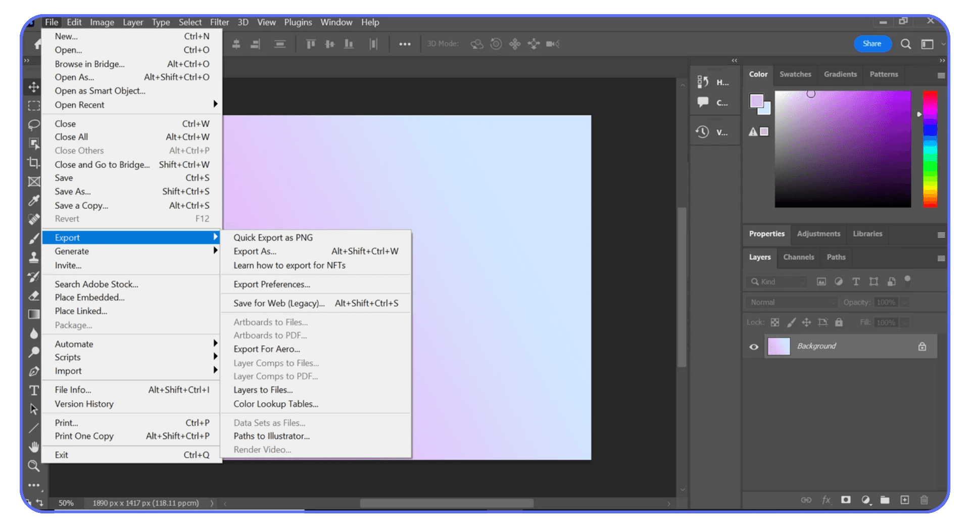 Screenshot of Adobe Photoshop showing the File → Export menu open, highlighting export options such as Quick Export as PNG and Save for Web.