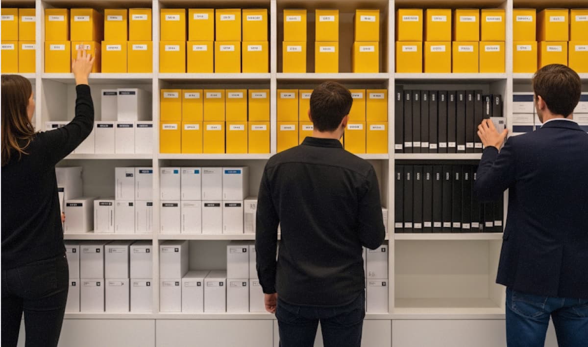 The backs of three people dressed professionally looking at yellow folders in a filing cabinet