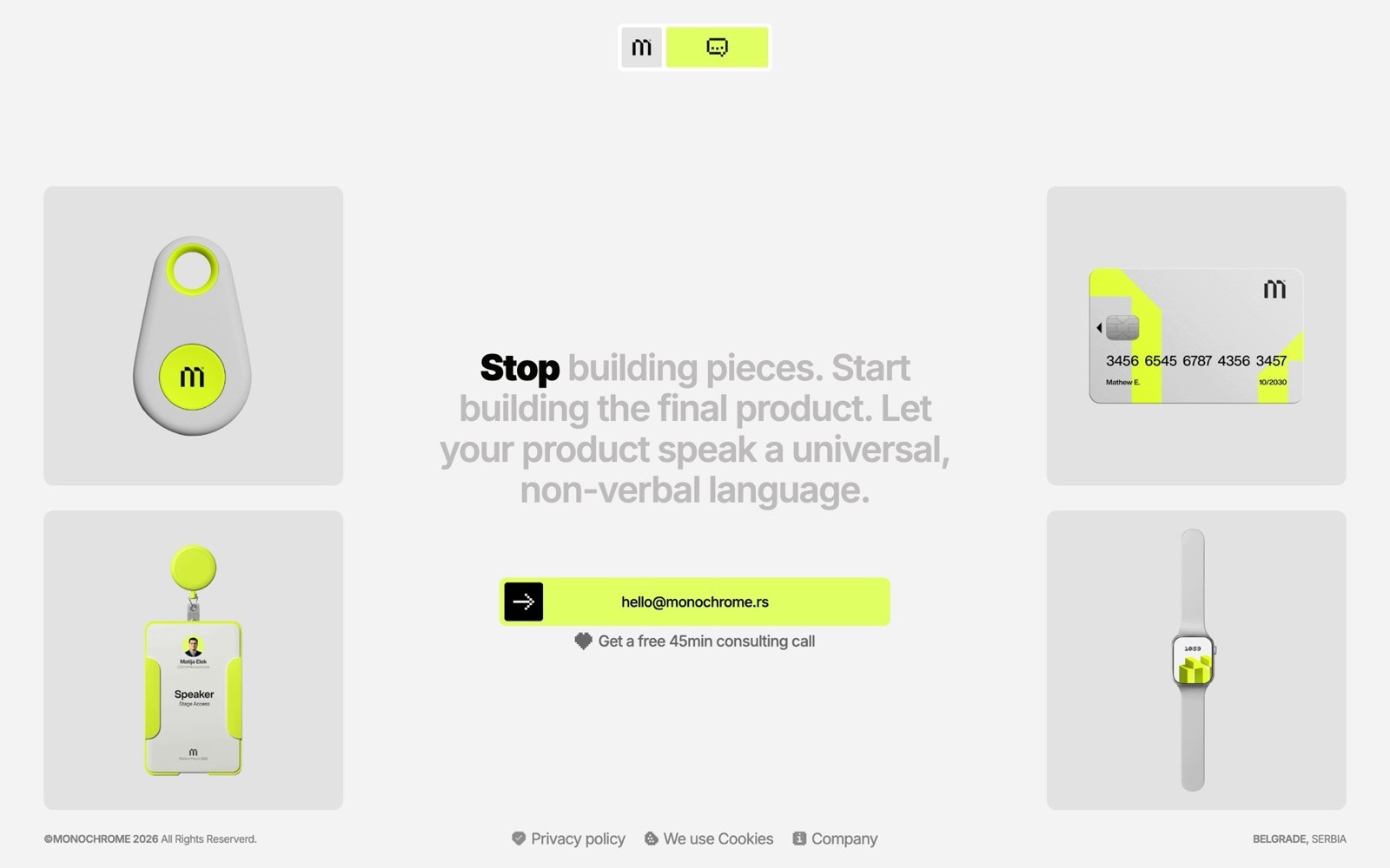 The image features a tech company promotional page showcasing four sleek, modern gadgets designed with a minimalist aesthetic in gray and neon yellow colors, accompanied by text encouraging product innovation with a universal, non-verbal design approach.