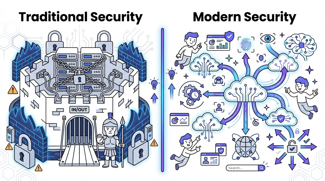 A side-by-side diagram comparing Traditional Security and Modern Security. Traditional Security (left) shows a fortress, firewalls, and on-premise servers. Modern Security (right) displays a dynamic cloud network, AI, zero-trust, and data streams.