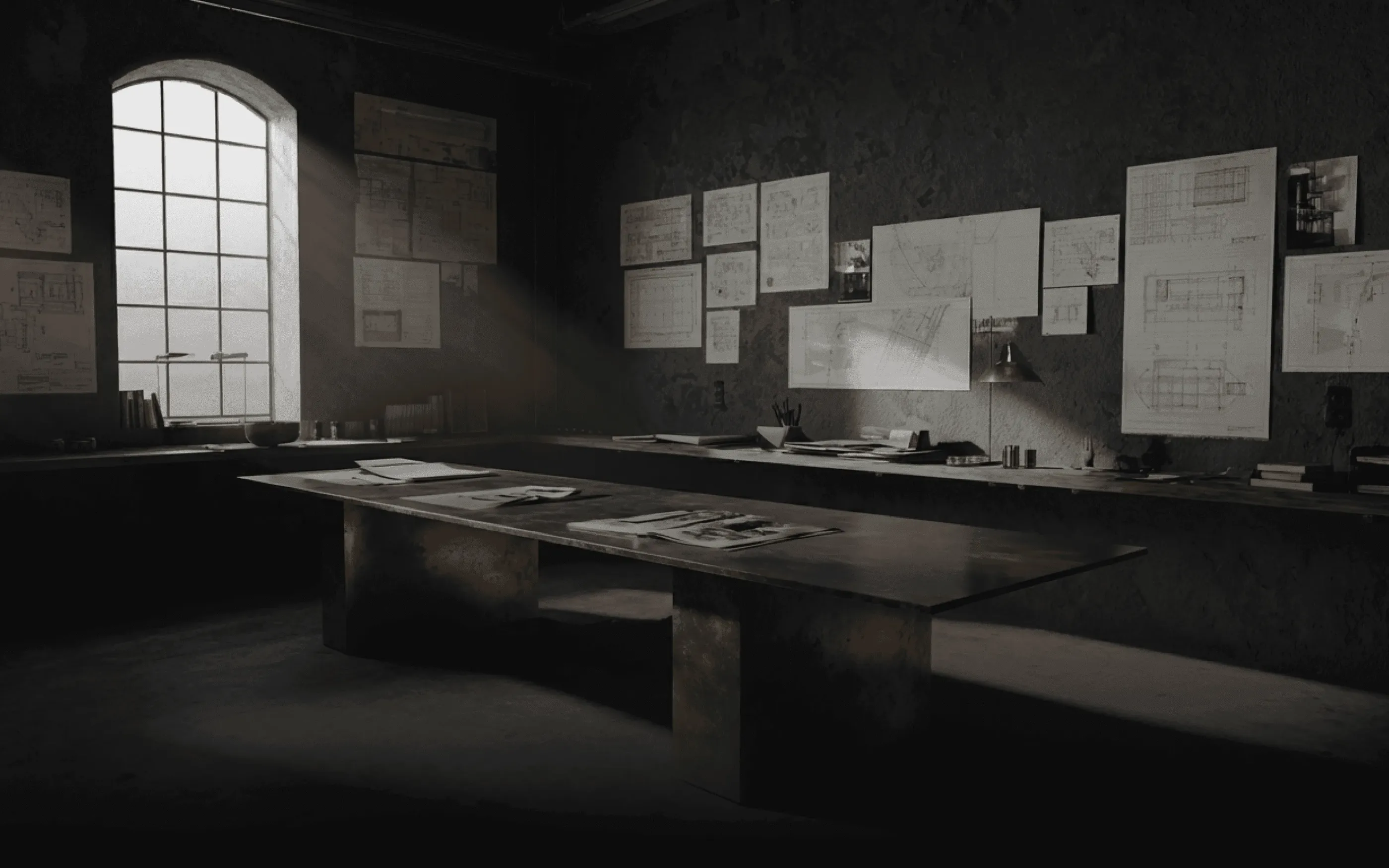 Dimly lit office with large table covered in papers and maps, large window.