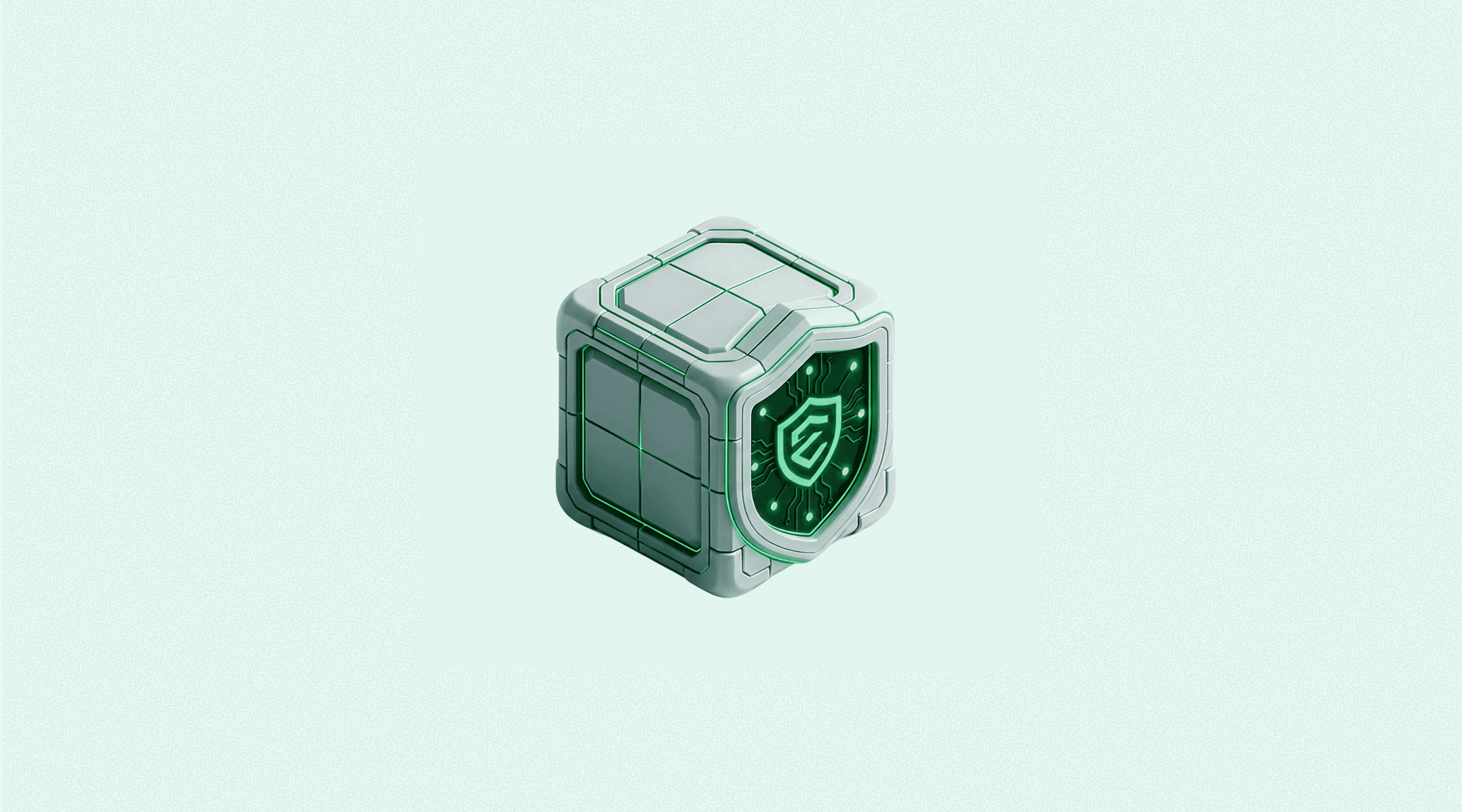A 3D cube with a shield icon and circuit board design, glowing green.