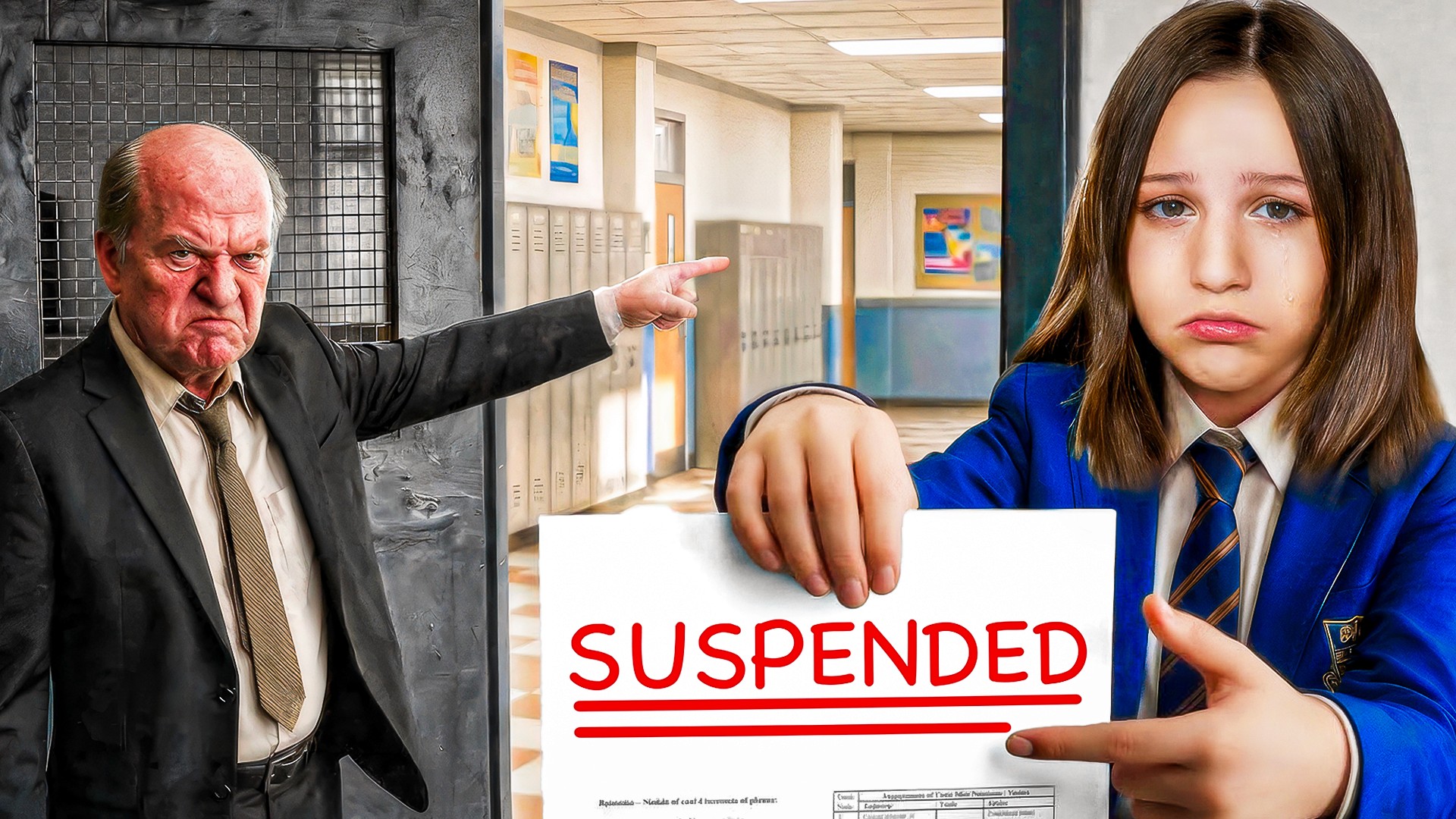 School drama YouTube thumbnail showing stern principal and girl holding "SUSPENDED" sign — emotional narrative thumbnail design for educational or drama content