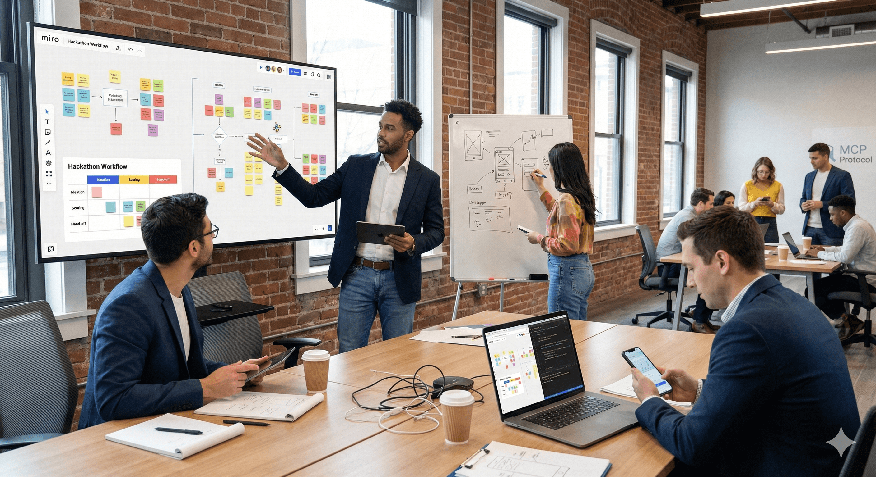 In a modern, brick-walled conference room, a group of professionals discusses ideas on a digital whiteboard featuring a "Hackathon Workflow" and organizational charts, with a focus on automating hackathons fast using Miro and MCP protocols as part of a 2026 guide.