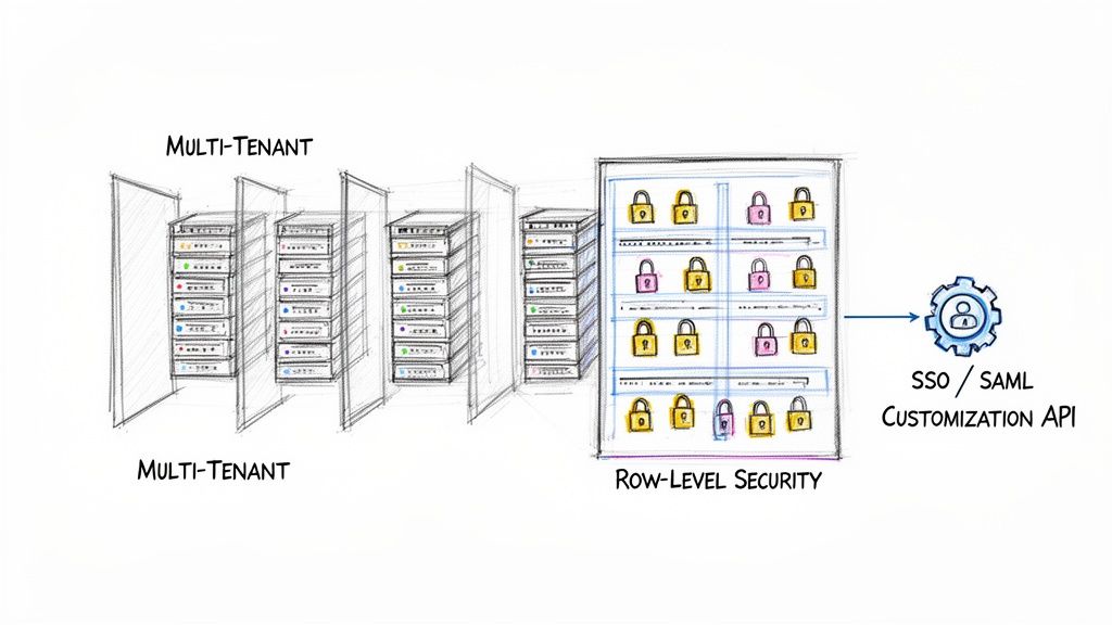 Diagram illustrating multi-tenant systems connecting to row-level security via an SSO/SAML API.