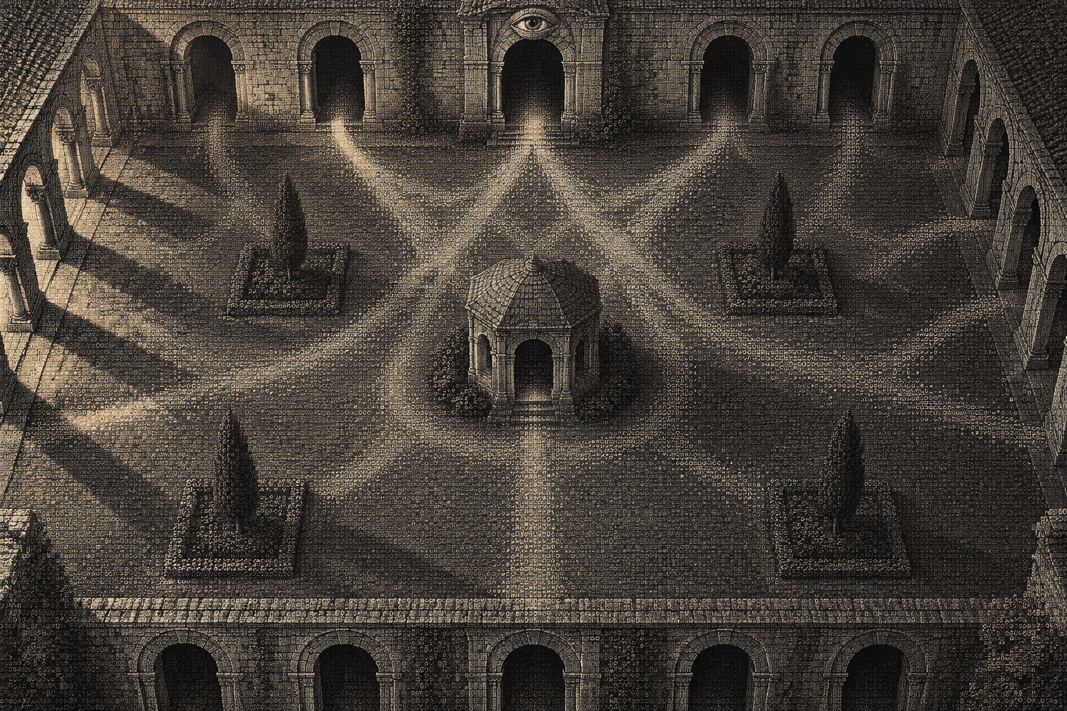 A cloister courtyard where paths of typographic dust converge on a few arches, a carved marble eye watching from above, one threshold red