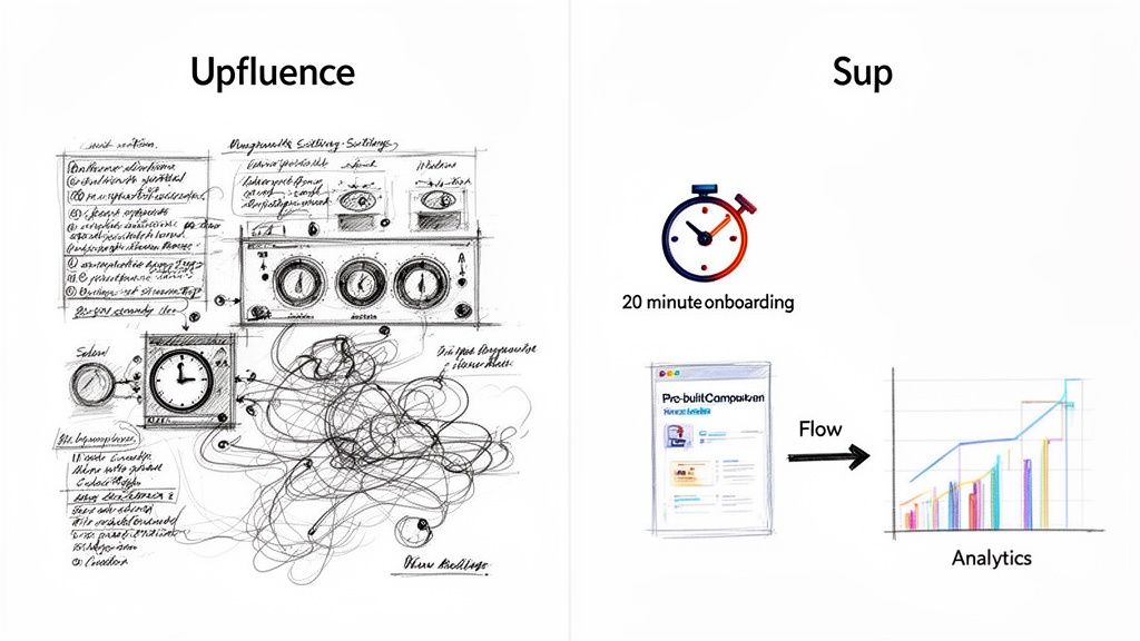 Visual comparison contrasting complex Upfluence setup with simple, efficient Sup alternative for influencer marketing.