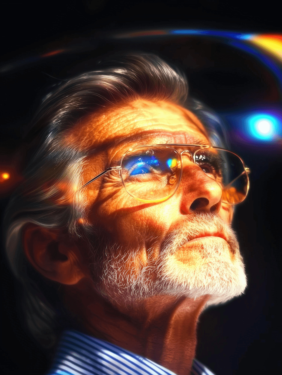 Portrait of an elderly man with glasses looking upward, featuring artistic light streaks and lens flares.