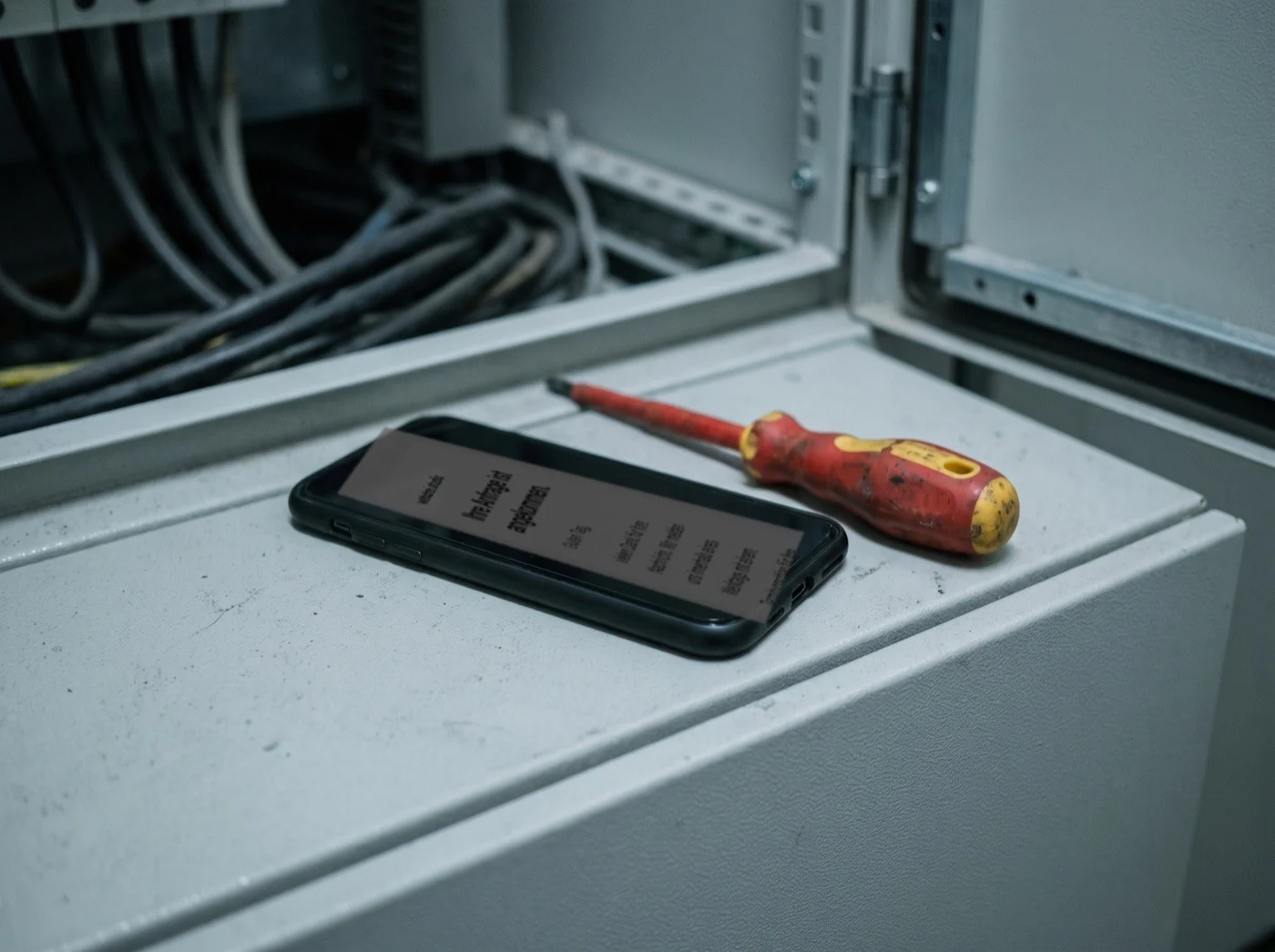 Smartphone auf einem Schaltschrank mit der automatischen Bestätigungsmail von webdrei.studio