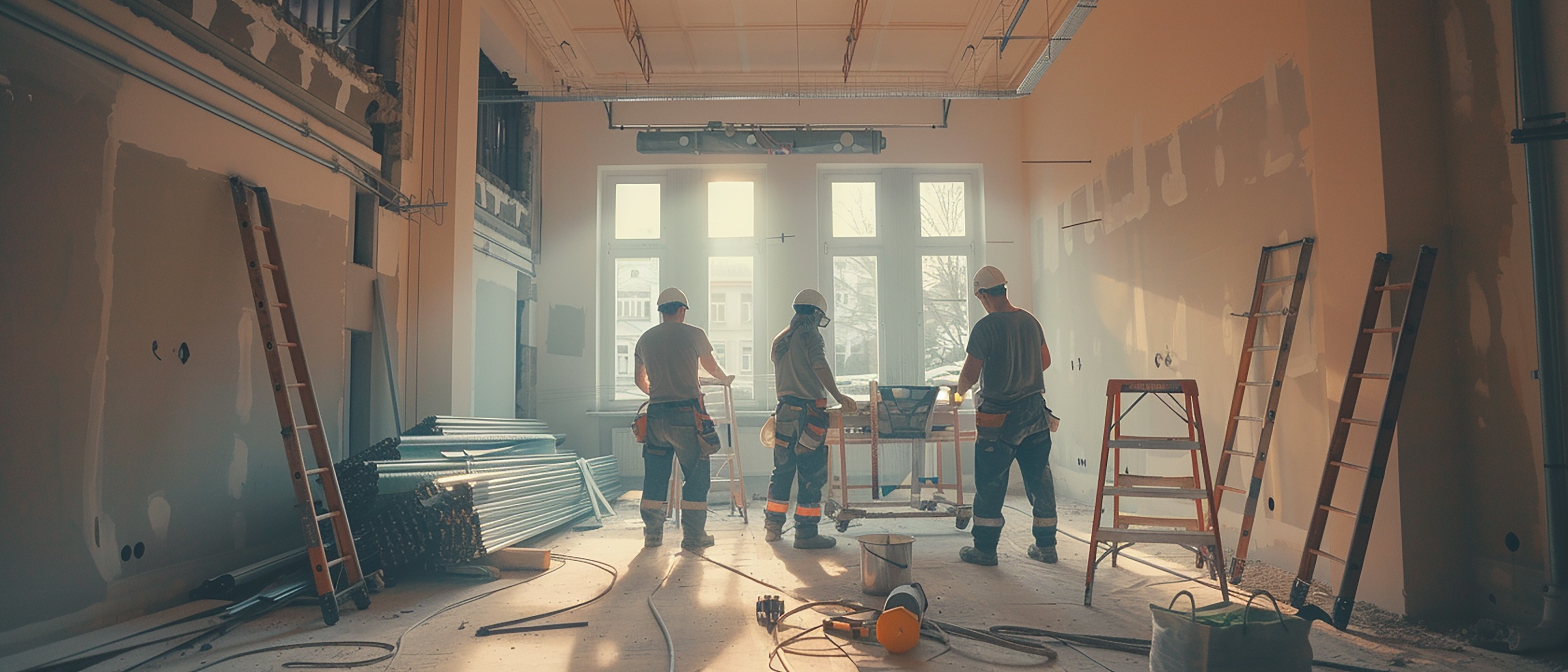 A group of six people poses on a city street, with buildings and shops visible in the background.