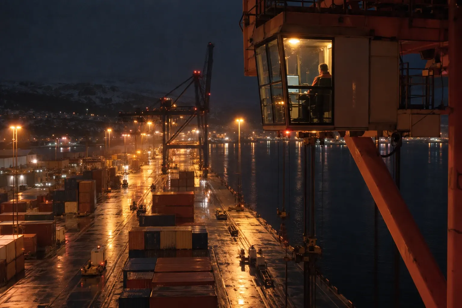 A crane operator’s lit cabin high above a wet container yard.