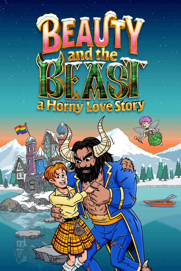 Beauty and the Beast: A Horny Love Story poster with characters in a snowy village.