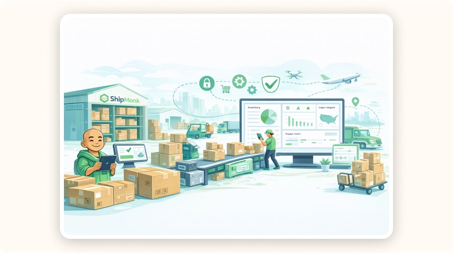 ShipMonk warehouse fulfillment process with inventory, packing, shipping, and dashboard visuals