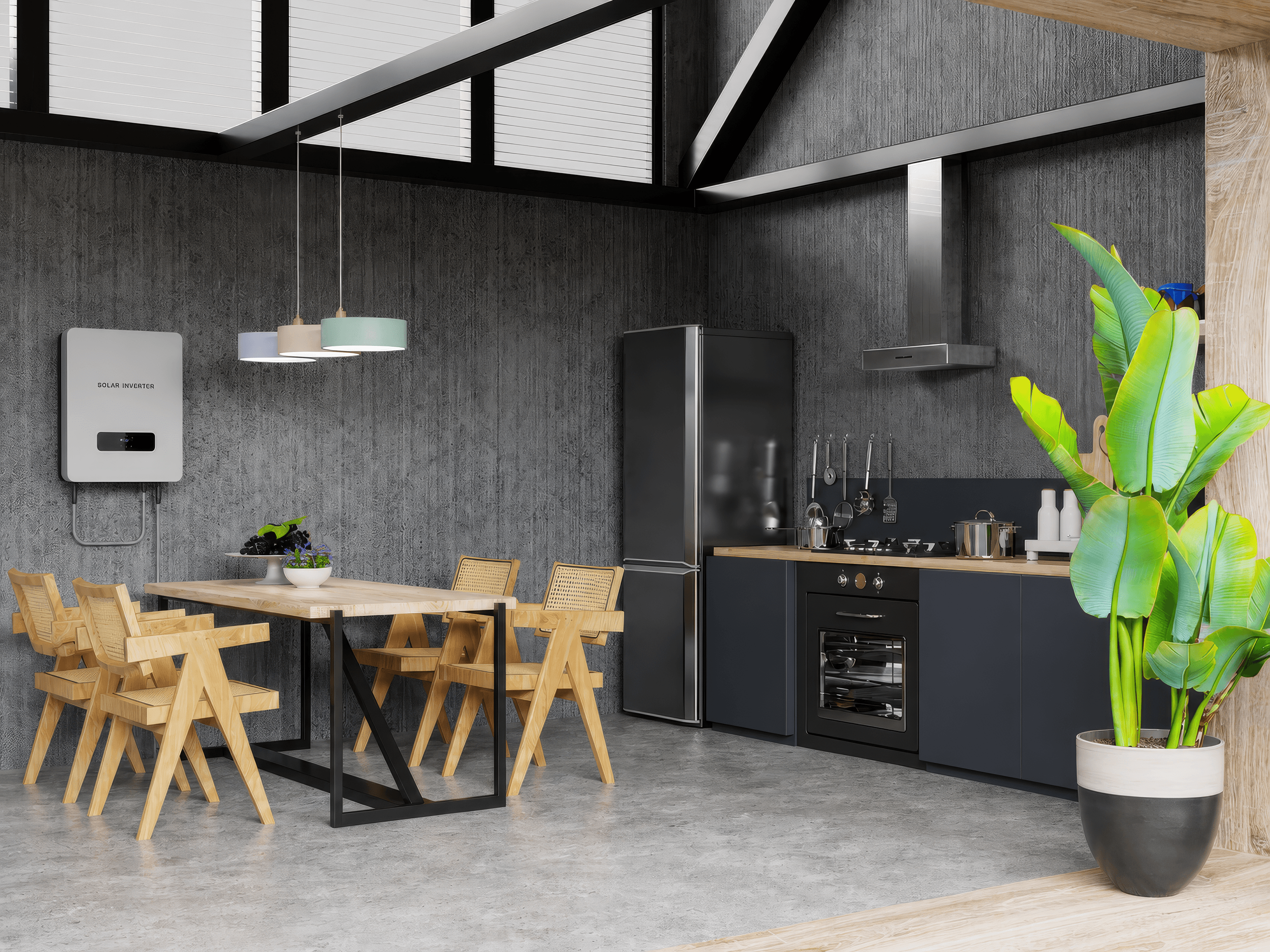 Dark modern kitchen with pendant lighting