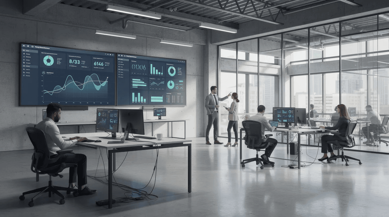 Imagen de una oficina industrial moderna donde se pueden ver pantallas que muestran gráficos de análisis de datos. Profesionales trabajan concentrados en sus computadoras, reflejando un entorno de marketing digital y estrategia empresarial.