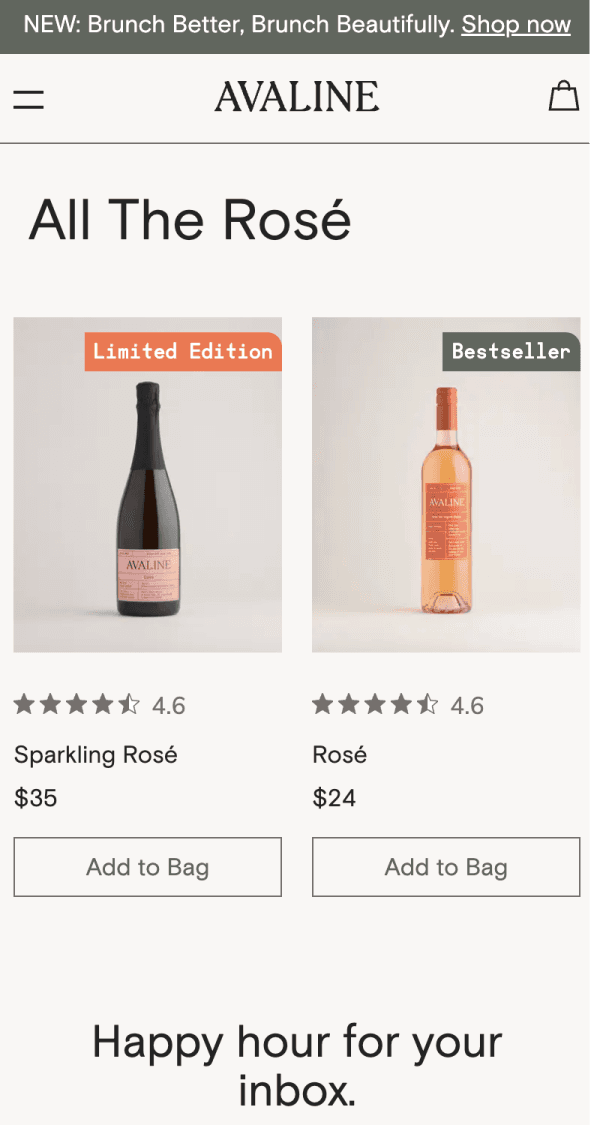 Mobile collection page for Avaline rosé wine selection