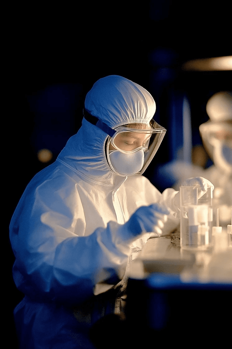 Scientist in full protective gear, including a face mask and goggles, working under dim light in a lab, suggesting precision and focus.