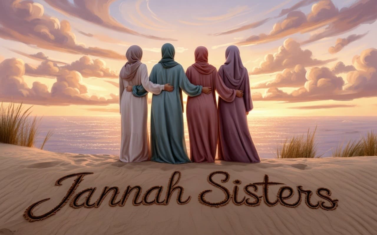 Four Muslim women in colorful hijabs standing together at sunset beach with Jannah Sisters text in sand