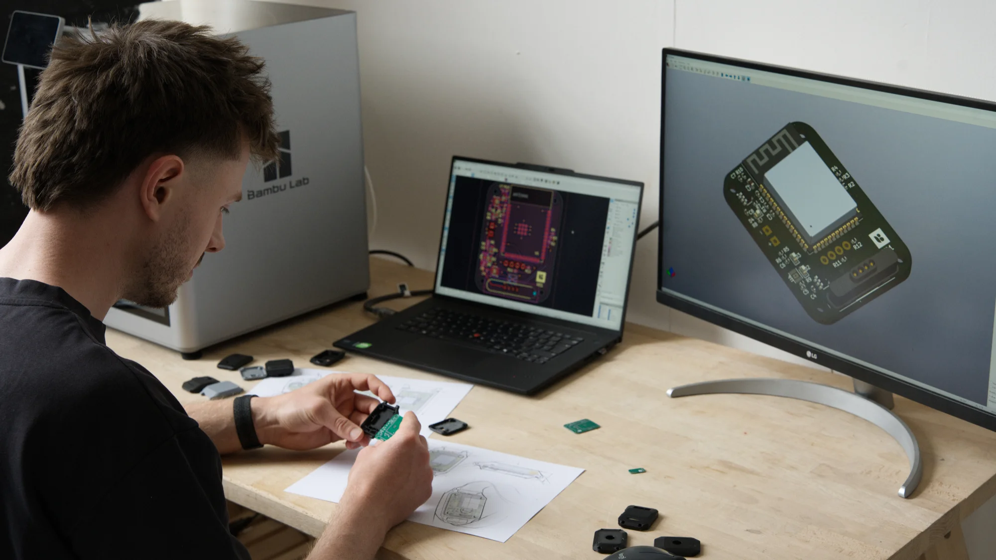 Designer working on embedded electronics for a smart wearable, with KiCad PCB design software, circuit schematics, and development sketches visible.