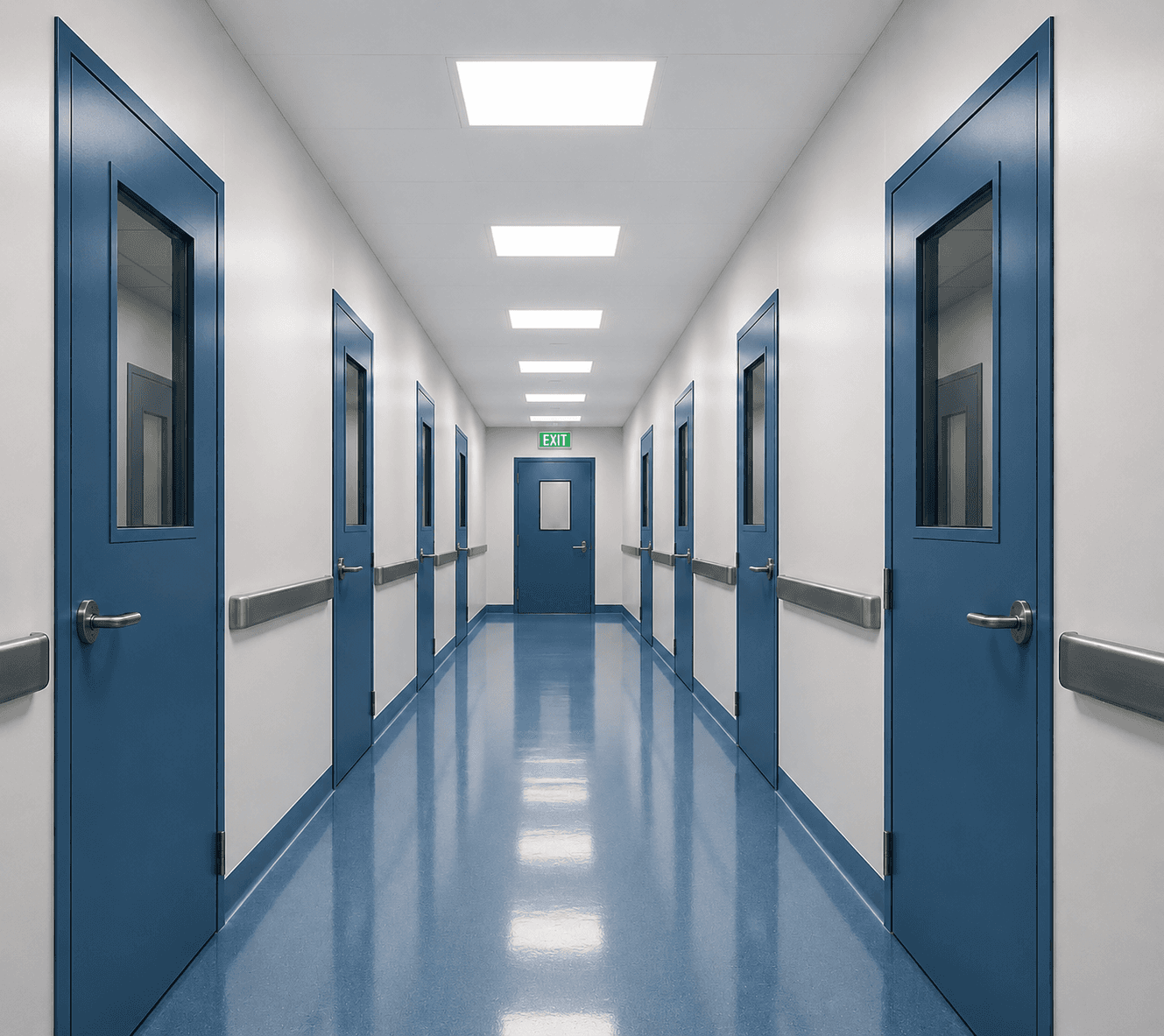 Hospital corridor with blue cleanroom doors, viewing windows, and polished hygienic flooring