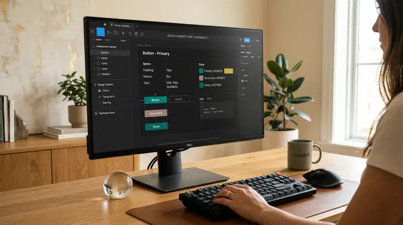 Pantalla que muestra la entrega de diseño visual con biblioteca de componentes y documentación técnica organizada para el equipo de desarrollo.