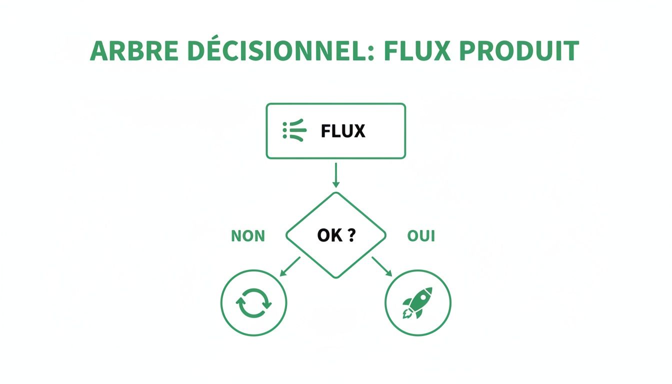 Diagramme d'arbre décisionnel illustrant un flux produit. La décision « OK ? » mène à un bouclage ou un lancement.