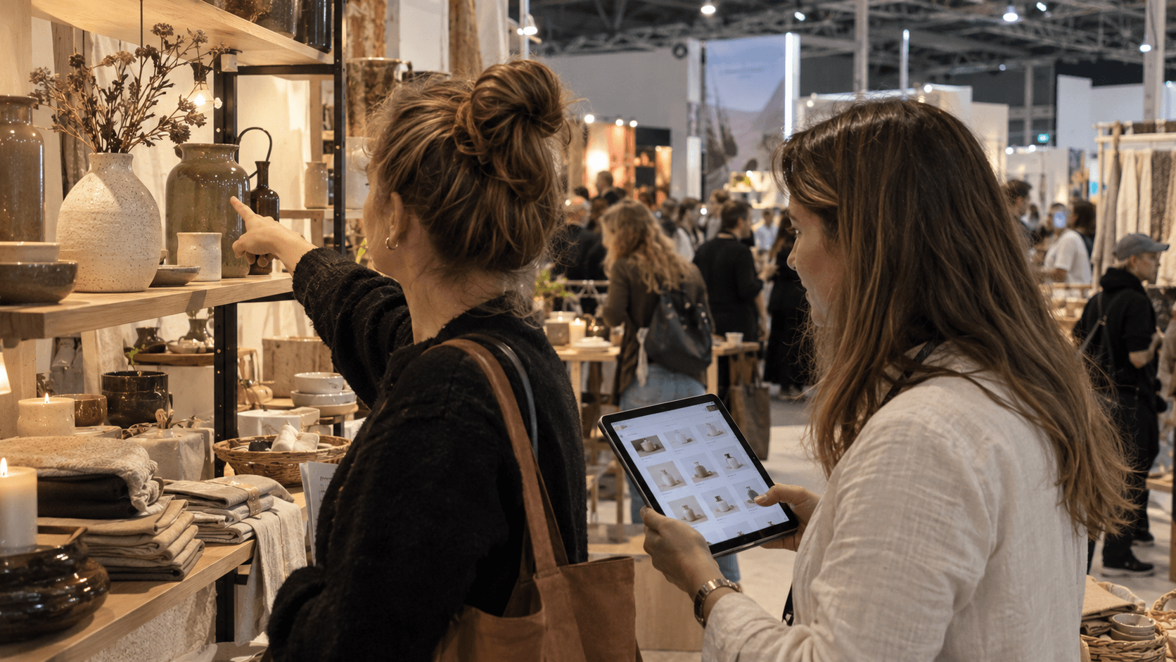 Vertegenwoordiger noteert een groothandelsbestelling op een iPad op een beursstand