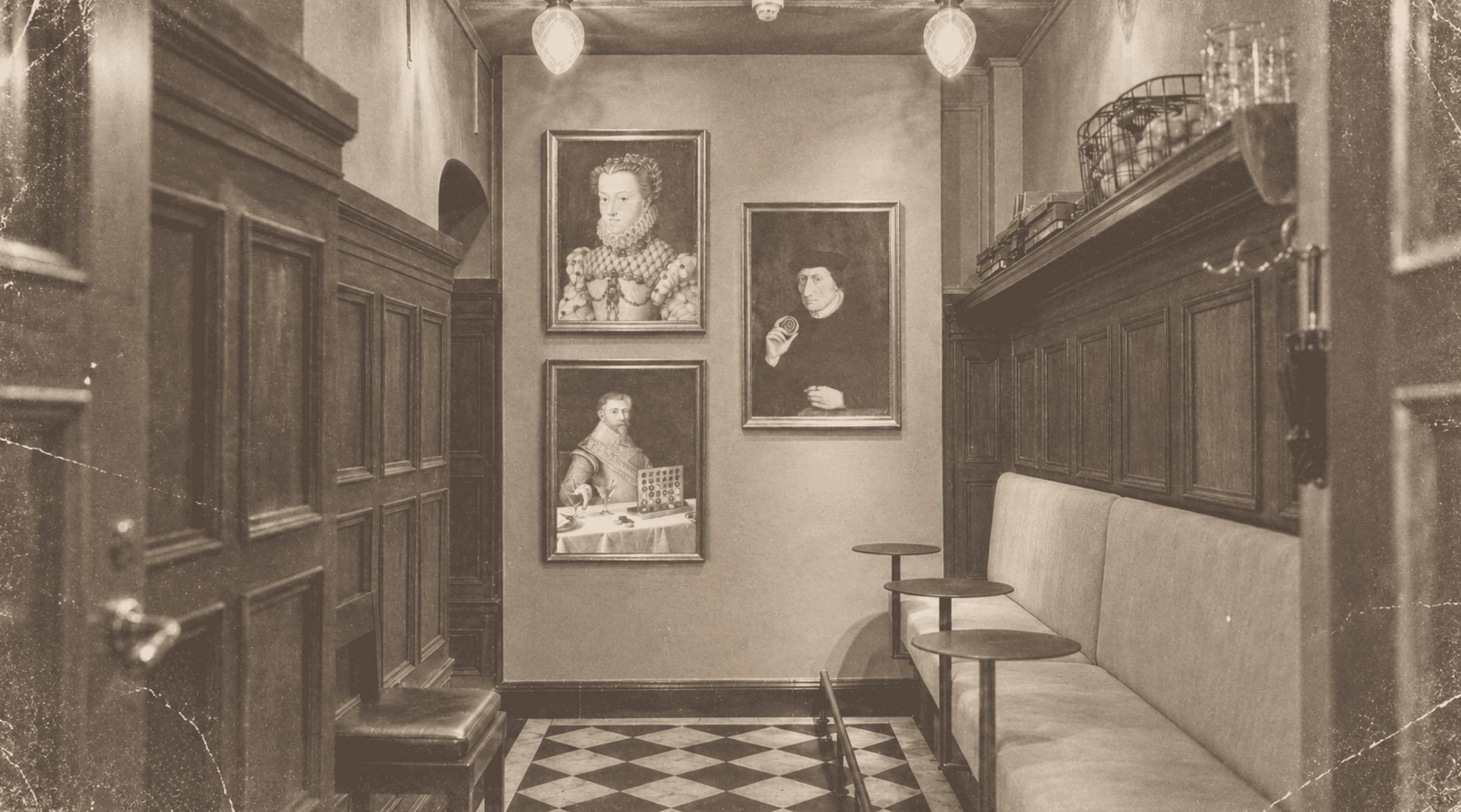 The G.A.T. bar room with portraits on the wall