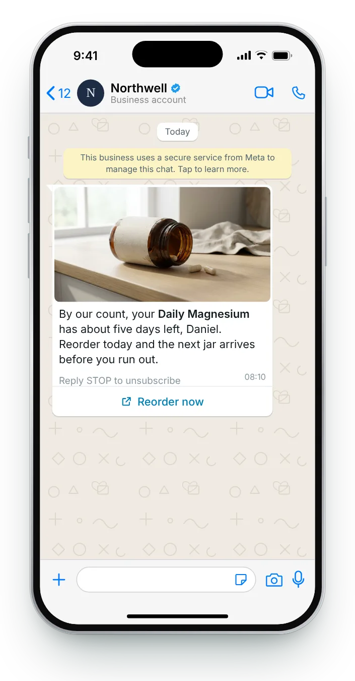 Five days before the jar runs out: WhatsApp reorder reminder on an iPhone
