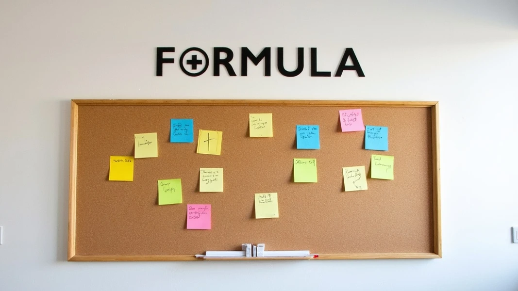 Wide shot of a minimalist office space with a large cork board displaying colorful sticky notes, some with simple symbols like plus signs and quotation marks, while there's written "FORMULA" with large bold font on the wall above.