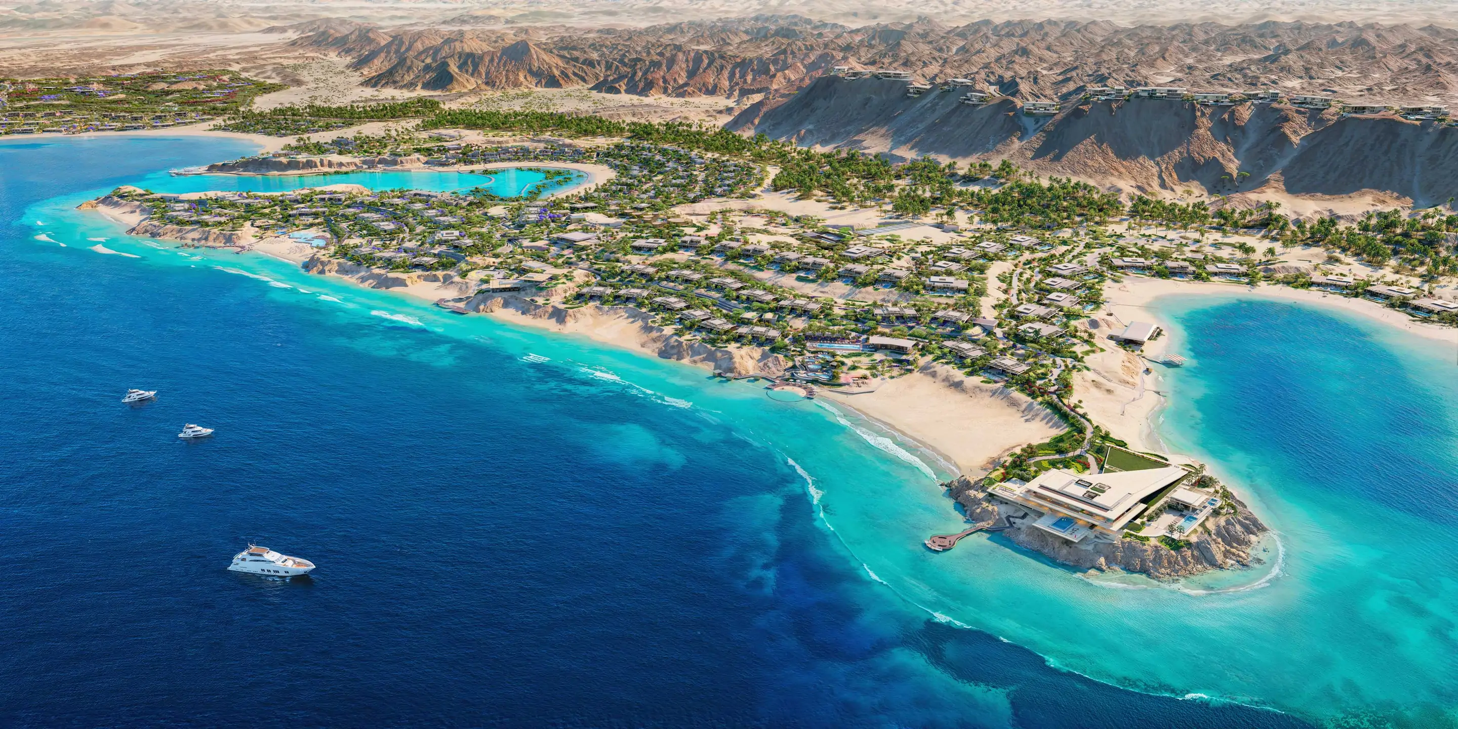 Aerial view of AMAALA beaches, lagoons and mountain landscape in Saudi Arabia