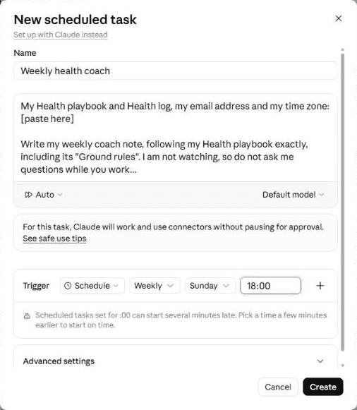 Claude's New scheduled task window filled in: the name Weekly health coach, the start of the weekly note prompt, and a trigger set to weekly on Sunday at 18:00