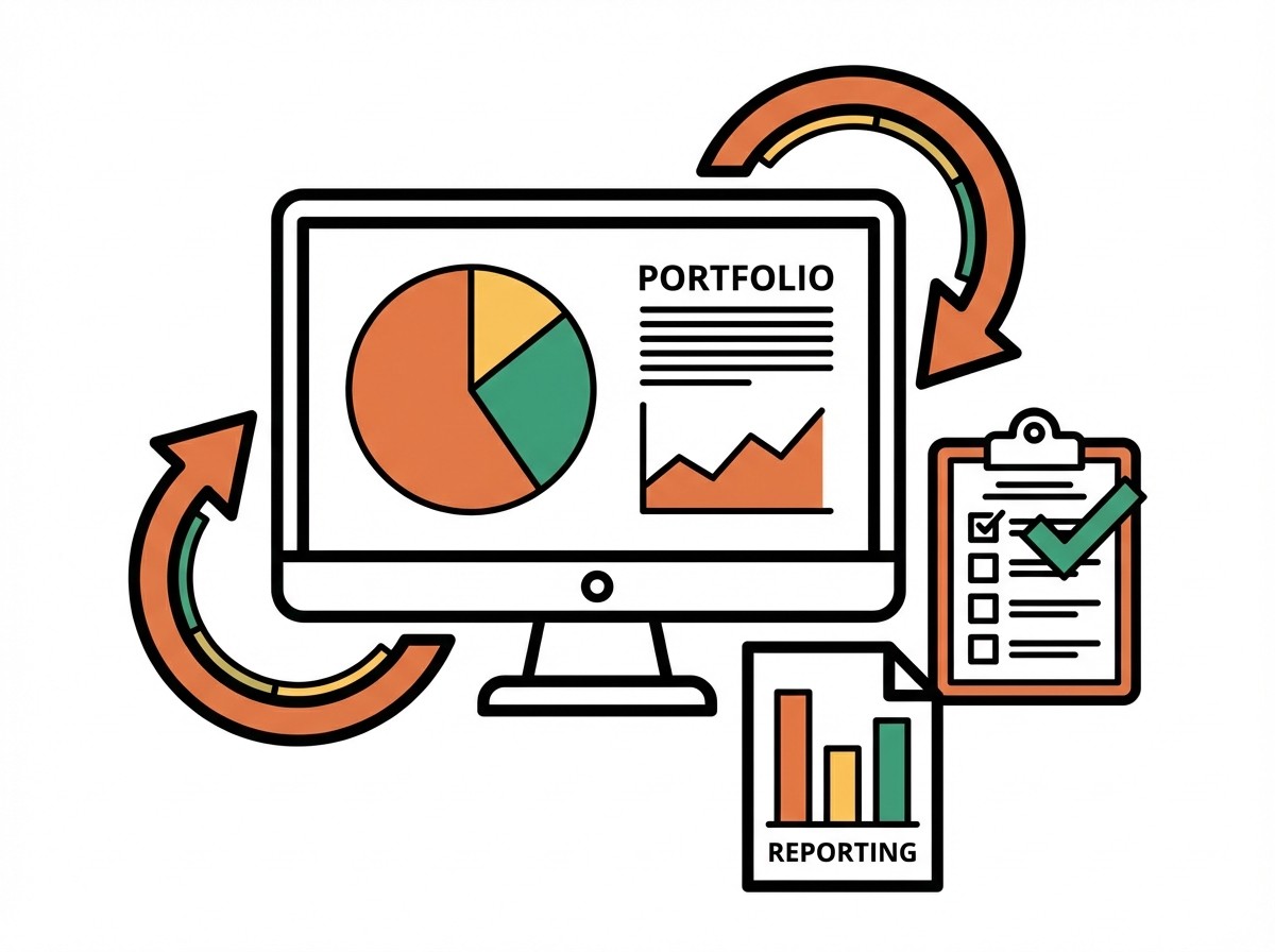 Illustration zu Portfolio-Management: Monitor mit Diagrammen, Checkliste und Reporting-Bericht, verbunden durch Prozesspfeile.