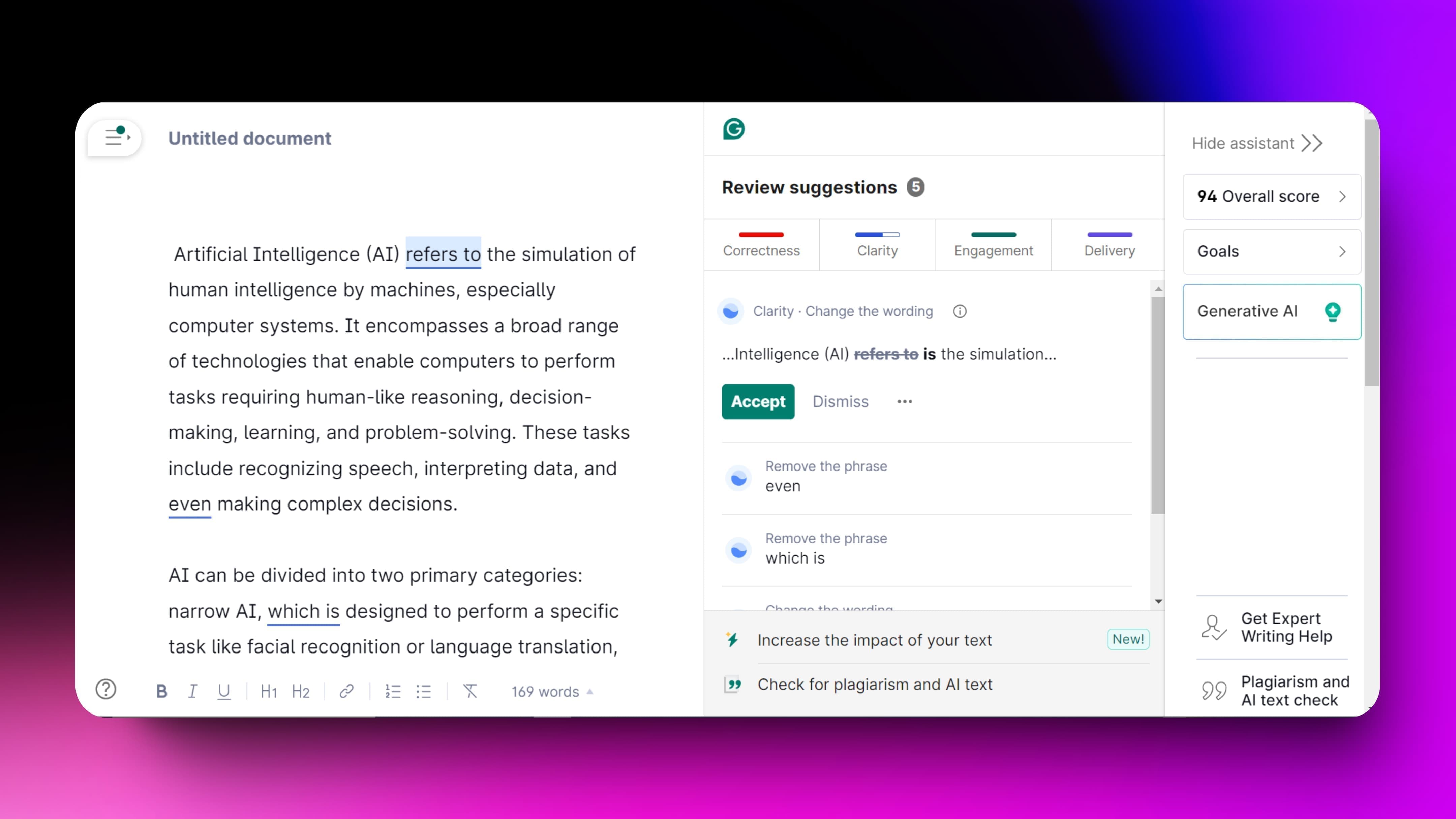 Screenshot of a Grammarly tool, displaying grammar and clarity suggestions to improve an untitled document about artificial intelligence.