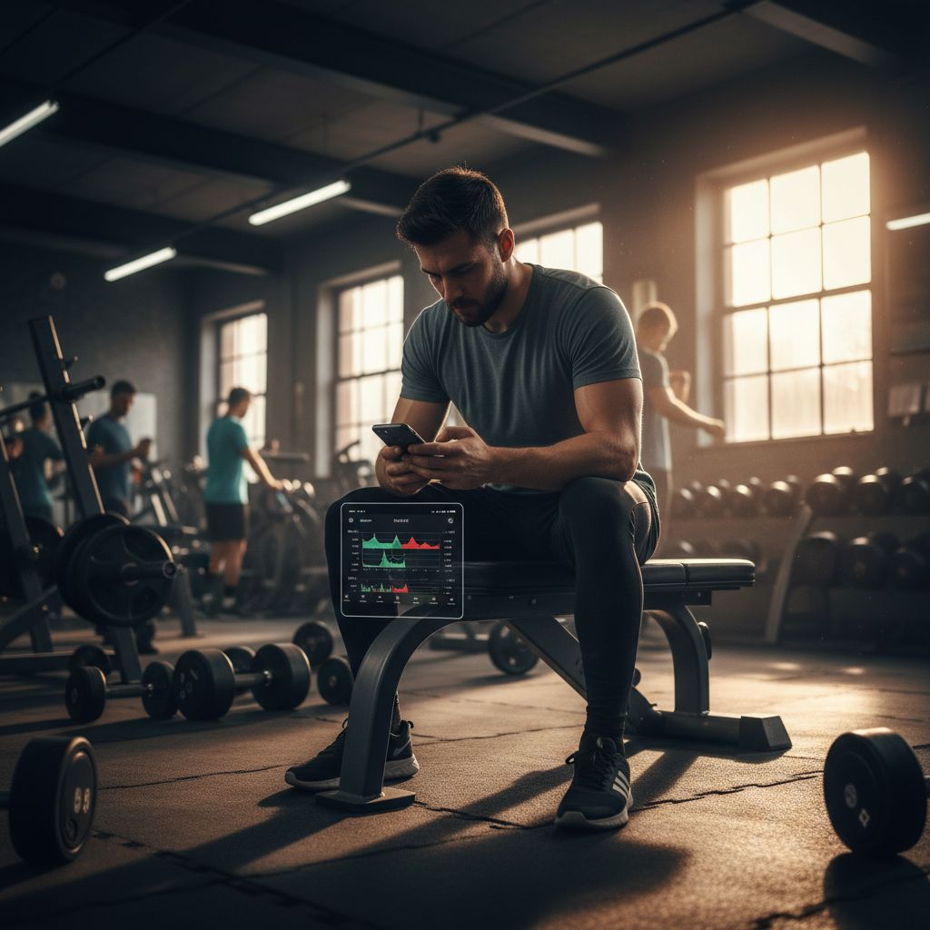 Athlete logging workout on phone between sets at the gym