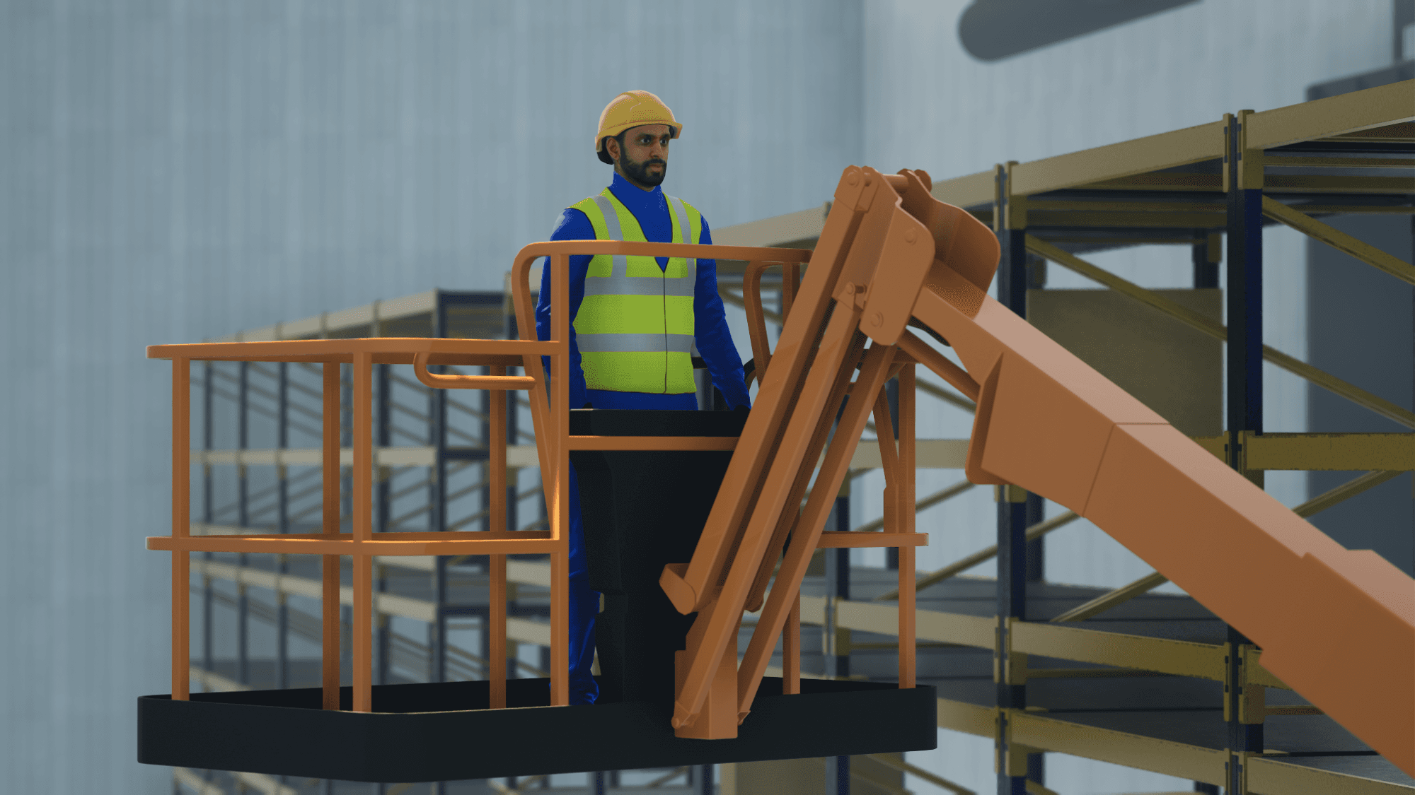3d man in safety workwear on vehicle lift facing right